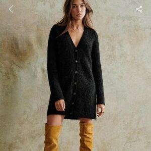 Sezane Junie Black V-Neck Button-Up Sweater Dress